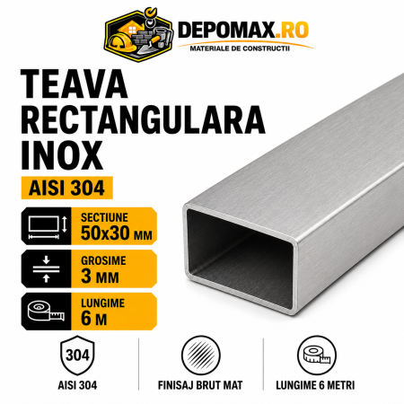 Teava rectangulara inox AISI 304, 50 x 30 x 3 mm, 6 metri